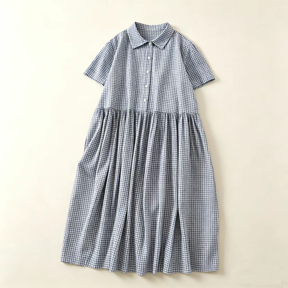 Blue Plaid  Collar Midi Dress  - огляд і ціна Casual Loose Linen Shirt Dress